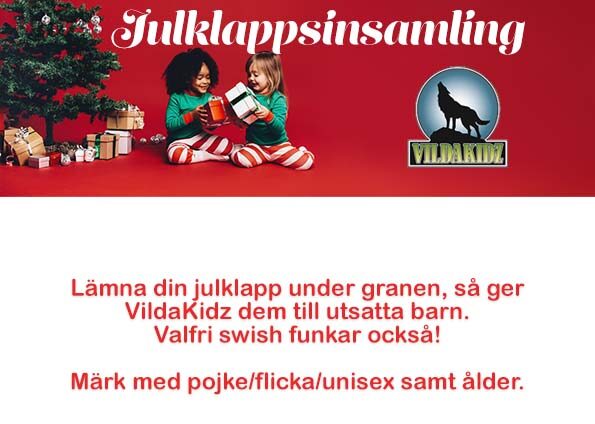 Unbyn En svensk julklappsaffisch med barn i festliga kläder, en julgran och inslagna julklappar. Instruktioner för att skänka pengar, ett Swish-betalningsnummer och VildaKidz-logotypen visas.
