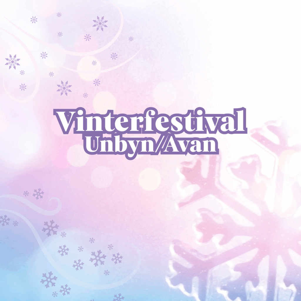 Unbyn Vinterfestivalaffisch med Vinterfestival Unbyn/Avan och UNEK i fet lila skrift på en pastellfärgad bakgrund med snöflingor och virvlande mönster.