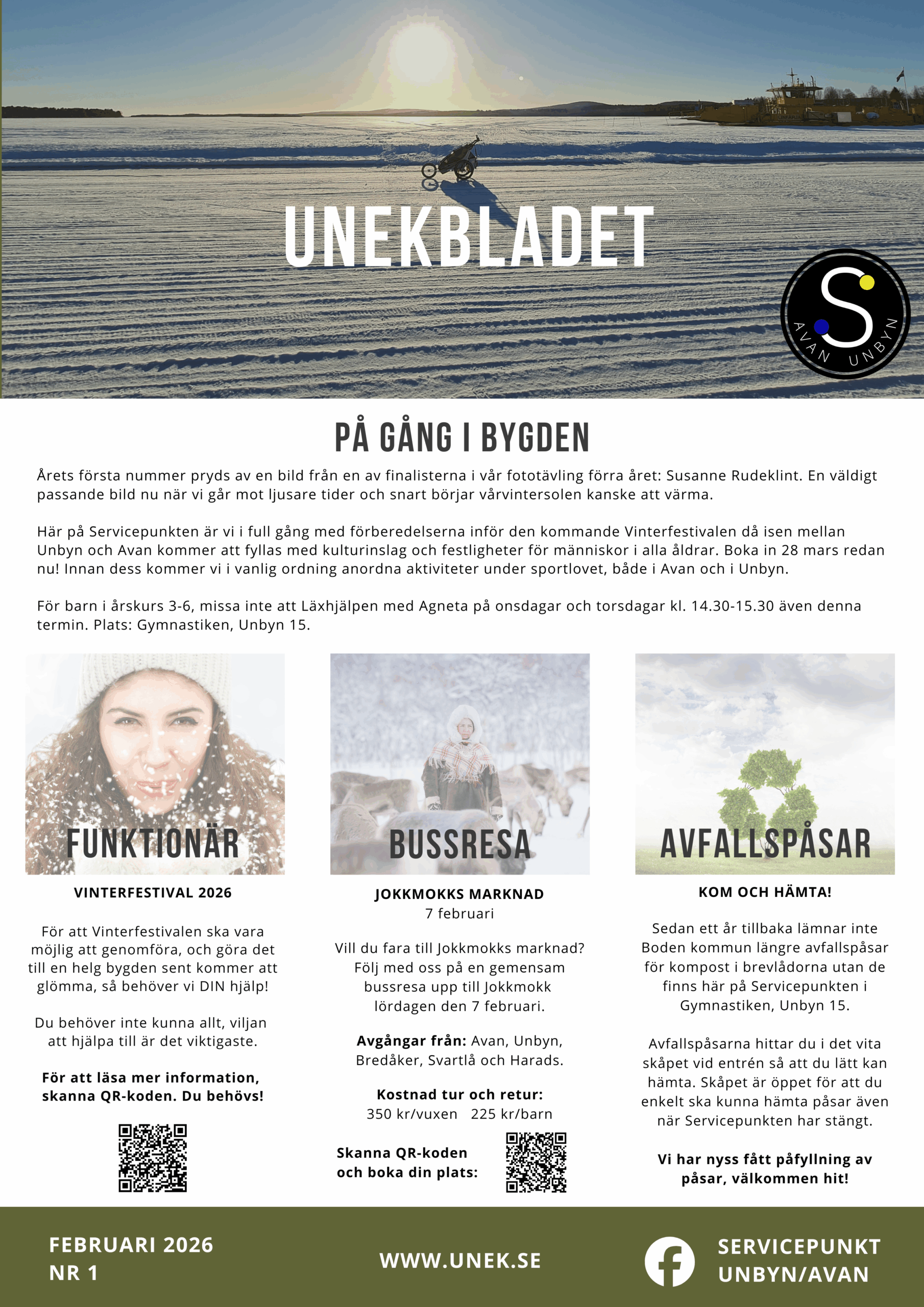 Unbyn Ett nyhetsbrev med ett snöigt bylandskap i toppen, med avsnitt om lokala evenemang - inklusive porträtt och information om en arrangör av Winter Festival, en bussresa till marknaden med Servicepunkten och information om en kommande komediföreställning.