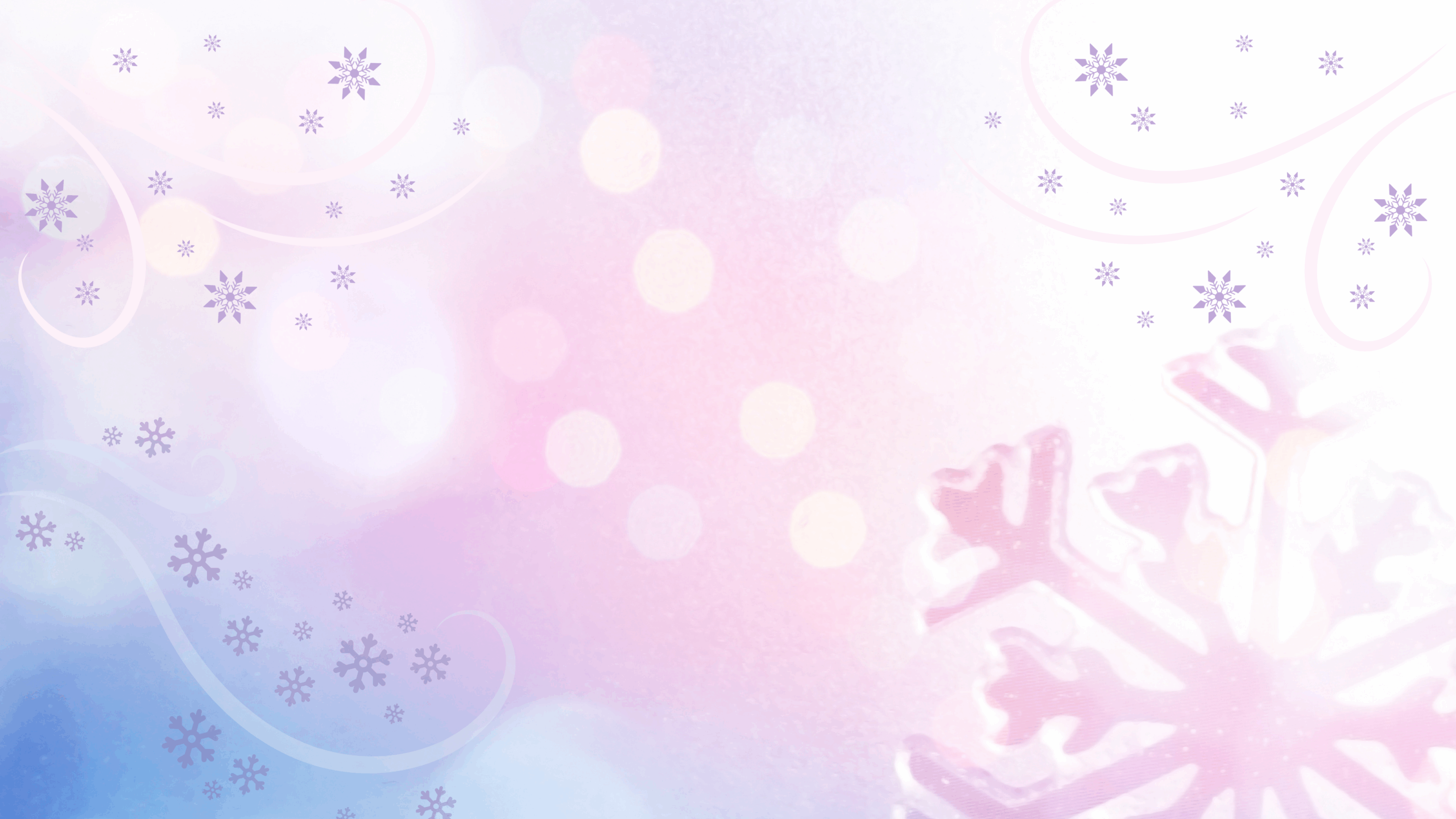 Unbyn Pastellfärgad vinterbakgrund med mjuka rosa, blå och lila nyanser, med virvlande mönster och olika snöflingor, inklusive en stor, genomskinlig snöflinga längst ner till höger. En subtil ljusbokeh ger en drömsk atmosfär.