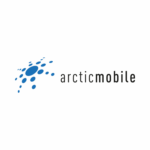 Unbyn Arctic Mobiles logotyp består av blå prickar av varierande storlek som bildar ett virvlande mönster till vänster om texten arcticmobile i svarta gemener på vit bakgrund.
