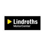 Unbyn En svart rektangel med en gul triangel som pekar åt höger, följt av den vita texten "Lindroths MotorCenter" på en vit bakgrund.