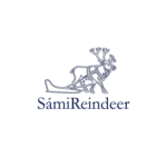 Unbyn En linjeteckning av en ren som spänns fast i en släde visas ovanför texten SámiReindeer i mörkblått på en vit bakgrund.